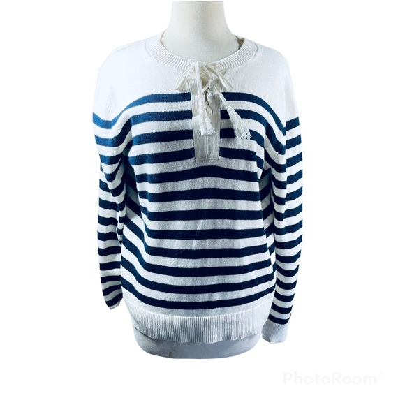 Banana Republic Ivory & Navy Stripe Nautical Lace Up Front Pullover Sweater L - Picture 2 of 9